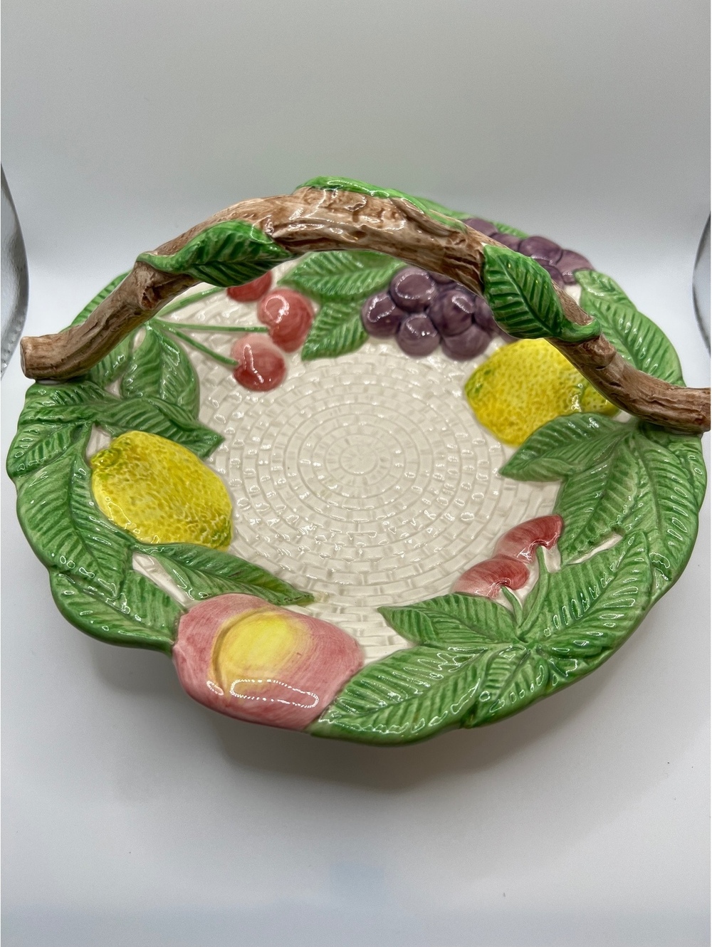 Vintage Fitz & Floyd Fruit Fair handled bowl basketweave